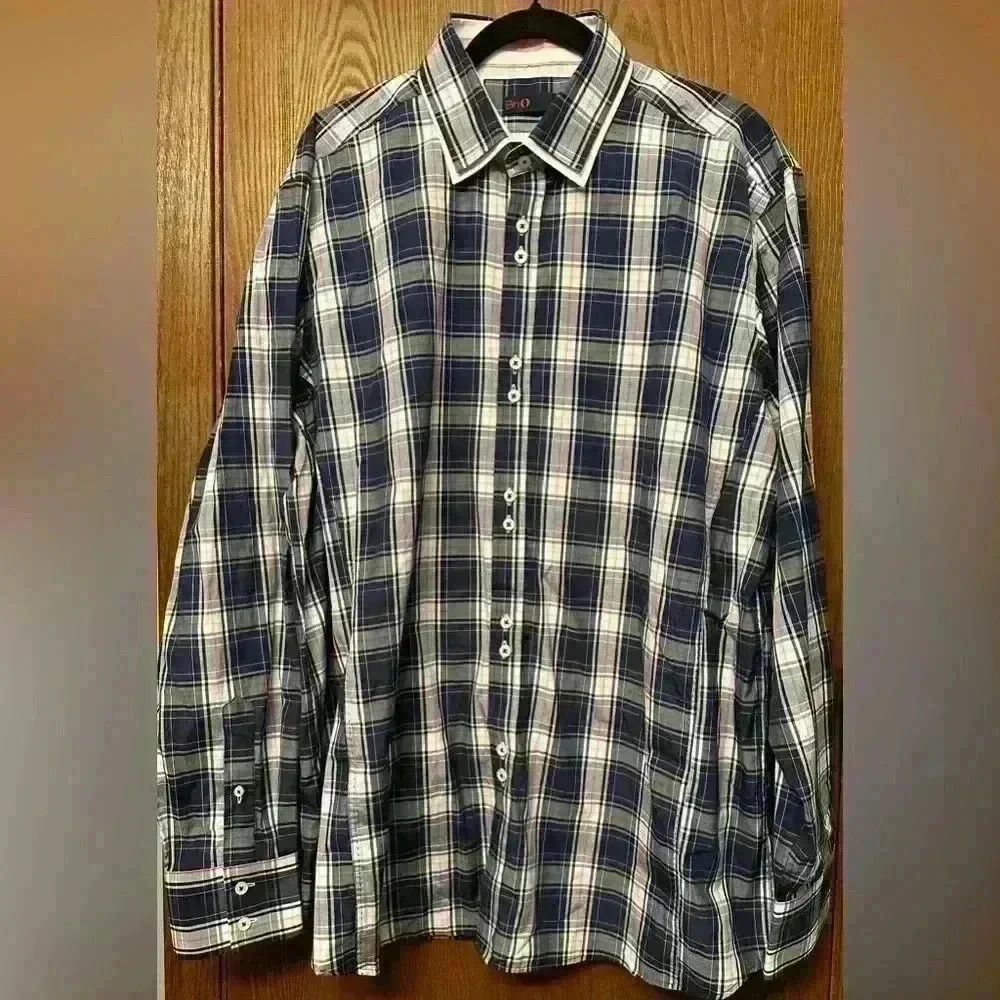Brio Men’s Shirt Blue Pink Plaid Button Contrast Cuffs Double Collar - Size XL‎